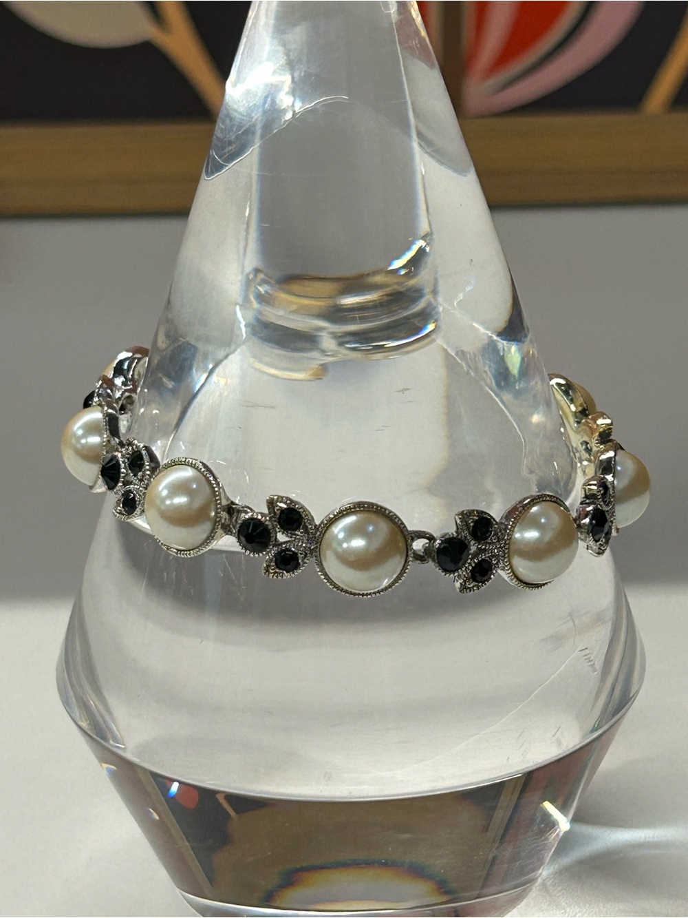 Faux Pearl and black rhinestone bracelet vintage